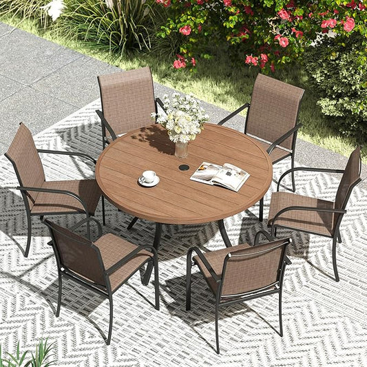 VICLLAX Patio Dining Set for 6, Outdoor Furniture Set Includes 47.2" Round Patio Table and 6 Patio Sling Chairs, Walnut Tabletop and Brown Fabric