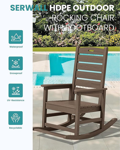 SERWALL Outdoor Rocking Chair Set of 2, Oversized Rocking Chair with Footboard for Adults, HDPE All Weather Resistant Rocking Chairs for Patio, 350lbs Weight Capacity,Coffee