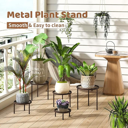 Plant Stand Indoor Outdoor 5 Pack Heavy Duty Metal Stand Multiple Plants, Anti-Rust Iron Flower Pot Stand Decoration Racks Plant Pot Shelf for Living Room Garden Balcony (Brown)