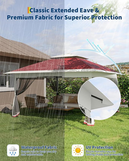 Canopy Tent 13x13 ft, Pop Up Gazebo One-Push Setup with 4 SandBags for Backyard Parties and BBQs, Mosquito Netting & Height Adjustable - Red