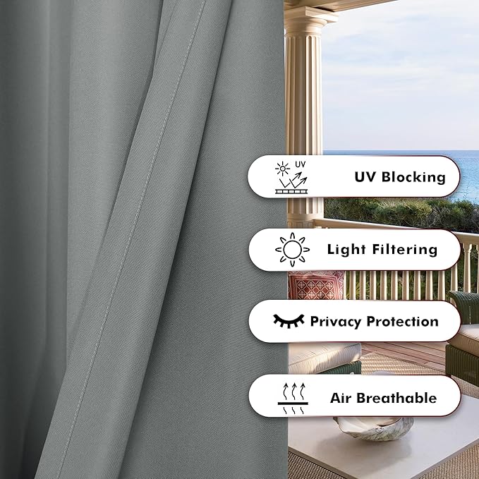 BONZER Outdoor Waterproof Curtains for Patio Wide Grommet Light Filtering Outside Curtains for Gazebo, Porch, Pergola, Pavilion, 1 Panel, 110W x 95L inch, Grey