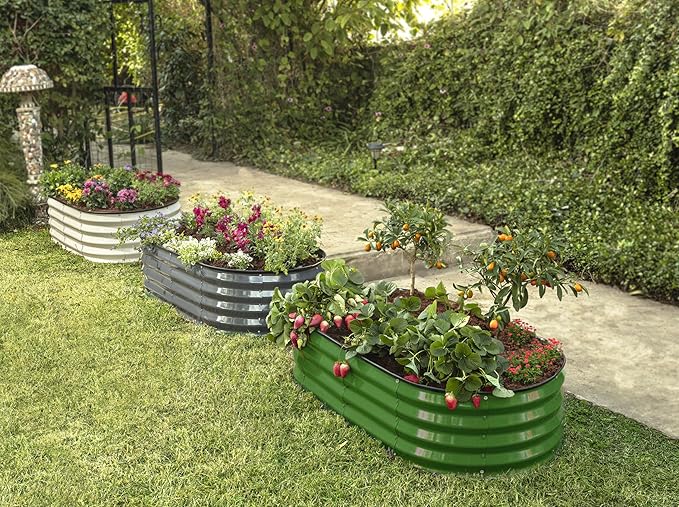 Plant & Plot Galvanized Raised Garden Beds Outdoor // 4×2×1 ft Planter Raised Beds for Gardening, Vegetables, Flowers // Large Metal Garden Box (Olive Green) // Patented Tool-Free Design