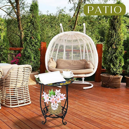 Outdoor Side Table Round Small Mosaic Patio Accent Indoor End Plant Coffee Tea Table for Yard Patio Porch Garden Living Room, Bedroom(Sunset Wildflowers Style,12 Inch)