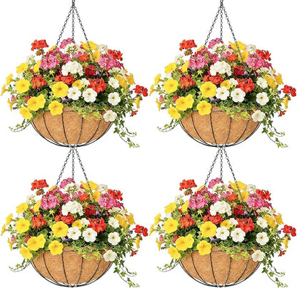 4 Pack 12 Inch Hanging Baskets for Plants Outdoor Metal Hanging Planter Hanging Flower Baskets with Coco Fiber Liners Chain Round Wire Plant Holder Hangings Flower Pots(Watermelon)
