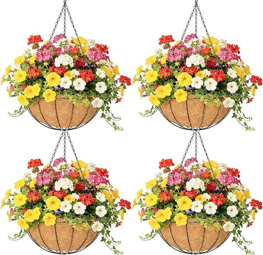 4 Pack 12 Inch Hanging Baskets for Plants Outdoor Metal Hanging Planter Hanging Flower Baskets with Coco Fiber Liners Chain Round Wire Plant Holder Hangings Flower Pots(Watermelon)