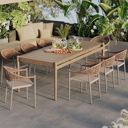 8 Pcs Stackable Patio Dining Chairs, Aluminum Rattan Outdoor Dining Chair with Arms, Woven Rope Garden Armchair Metal No Assembly for Bistro Balcony Porch Deck Yard Cafe Restaurant, Light Brown