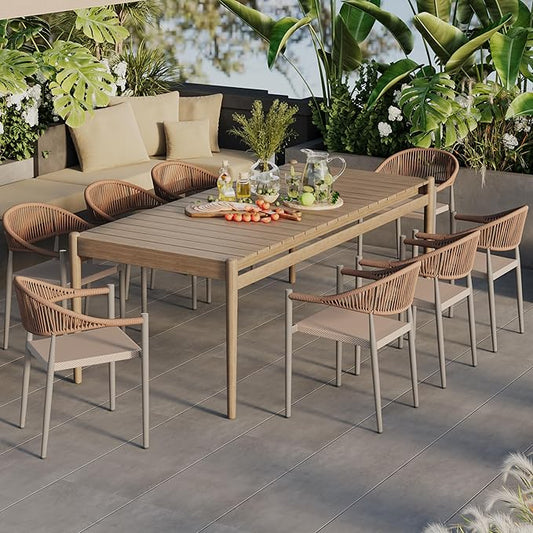 8 Pcs Stackable Patio Dining Chairs, Aluminum Rattan Outdoor Dining Chair with Arms, Woven Rope Garden Armchair Metal No Assembly for Bistro Balcony Porch Deck Yard Cafe Restaurant, Light Brown
