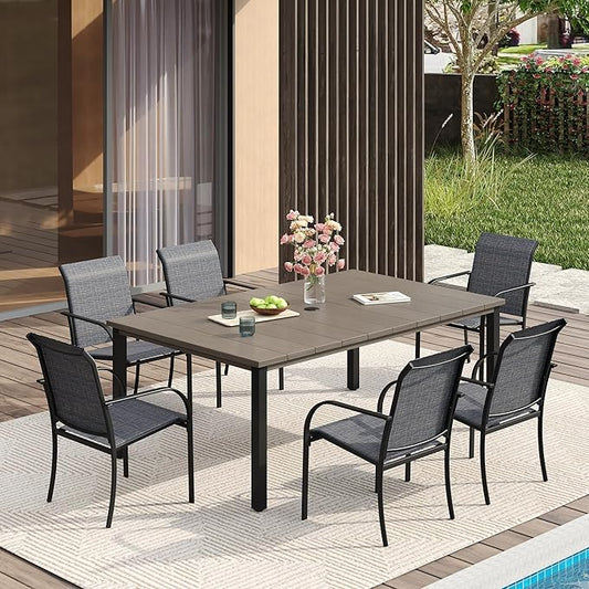VICLLAX Patio Dining Set for 6, Outdoor Furniture Set Includes 63" Rectangle Patio Table and 6 Patio Sling Chairs, Outdoor Table and Chairs for Outsides, Grey Wood-Like Tabletop and Dark Grey Fabric