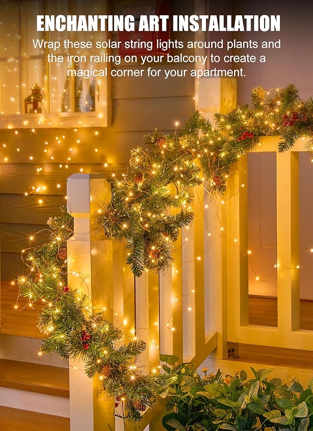 Minetom Solar String Lights for Outside, 33Ft 100 LED Outdoor Solar Fairy Lights, 8 Modes Balcony Lights for Tree Patio Christmas Party Wedding Decor (Warm White)