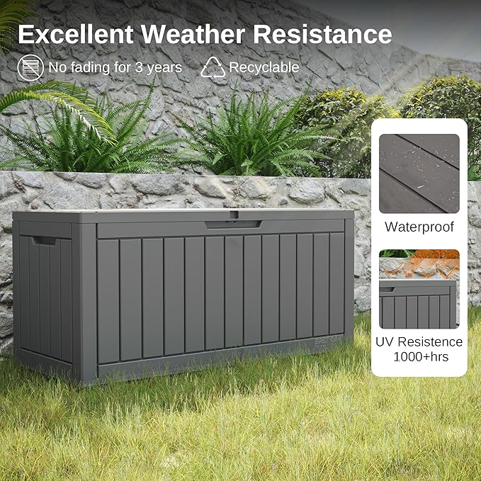 EAST OAK Outdoor Storage Box, 90 Gallon Deck Box, Waterproof Resin Storage Bin for Patio Cushions, Gardening Tools, Lockable, UV Resistant, Grey