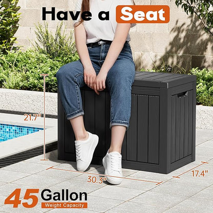 Outdoor Storage Box, Resin Deck Boxes Indoor and outdoor, Waterproof Storage Box Lockable Lid (Black, 45 Gallon)