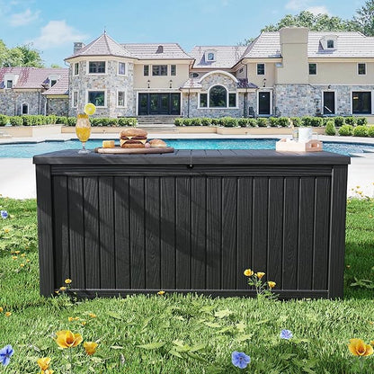 ROJIK Outdoor Storage Housing Deck Box - Waterproof Patio Furniture, Garden Tools, Cushions, Pool Accessories Storage Bench with Lockable Lid and Side Handles (Black, 200 Gal)