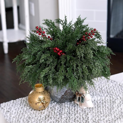 Cedar Stems Artificial Norfolk Pine Branches for Christmas Decor, 12 PCS Fake Pine Stems with 3 PCS Red Berries Branches Realistic Fake Plants Faux Greenery for Vases DIY Garland Xmas Table Indoor