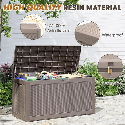 Outdoor Storage Box, Resin Deck Boxes Indoor and outdoor, Waterproof Storage Box Lockable Lid (Grey, 101 Gallon)
