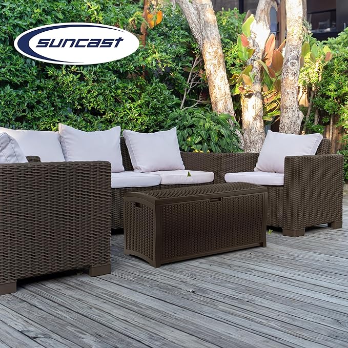 Suncast Outdoor Storage Box - 73 Gallon Mocha Brown Deck Box for Patio, Waterproof Outdoor Storage Bench, Resin Wicker Style, Heavy-Duty, Lockable Lid for Cushions, Shoes, Pool & Garden Gear