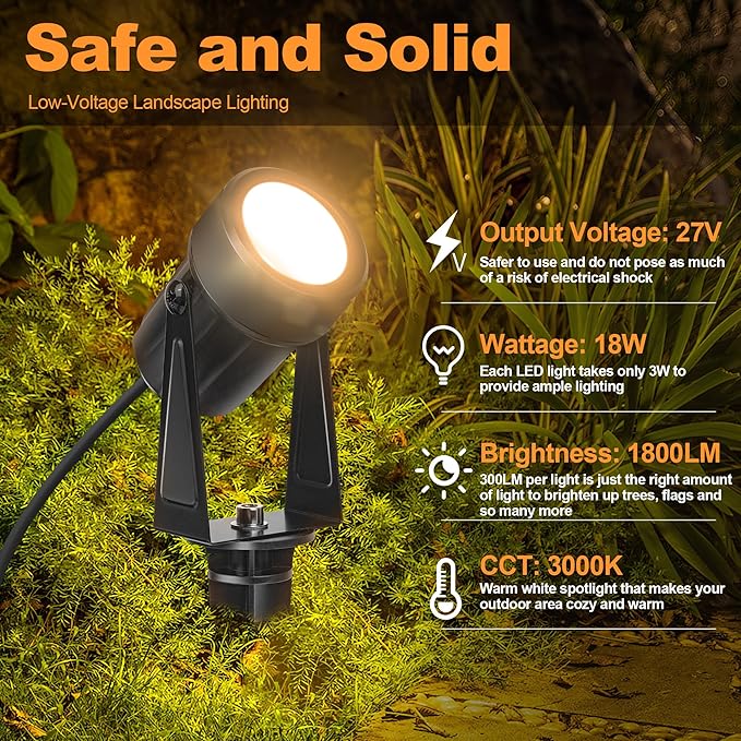 Outdoor Landscape lighting Low Voltage, 65.6FT Wired LED Spot light with Plug-in Transformer, IP65 Waterproof Outside Uplight 18W 1800LM for Yard Garden Tree Pathway House, Warm White 3000K, Pack of 6