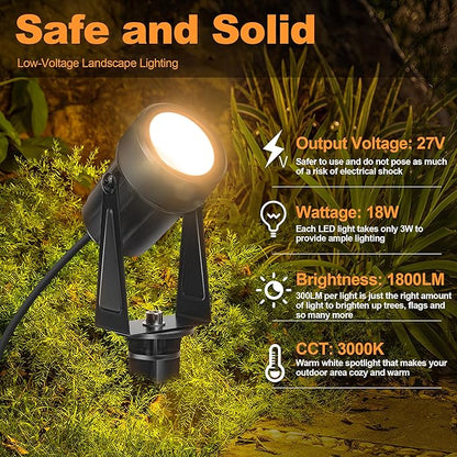 Outdoor Landscape lighting Low Voltage, 65.6FT Wired LED Spot light with Plug-in Transformer, IP65 Waterproof Outside Uplight 18W 1800LM for Yard Garden Tree Pathway House, Warm White 3000K, Pack of 6