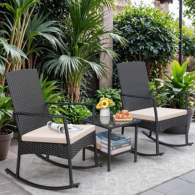 Greesum 3 Pieces Patio Furniture Set Outdoor Wicker Rocking Chairs with Glass Coffee Table for Garden Backyard Porch Poolside, Beige