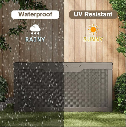 JUMMICO 100 Gallon Resin Deck Box, Waterproof Outdoor Storage Box with Lockable Lid for Garden Tools, Patio Cushions (Light Brown)