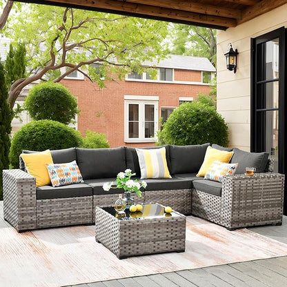 ovios 6 Pieces Patio Furniture Set, Outdoor Wicker Sectional Sofa with Glass Table Comfy Cushions, Modern Modular Deep Seat Couch Rattan Conversation Set, Black