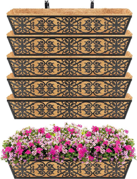 6 Pack 30 Inch Window Boxes Planters Railing Planter Box with Adjustable Brackets & Coco Liners Fabric Plant Grow Bags Deck Railing Planter Boxes Balcony Hanging Flower Box for Outdoor Plants