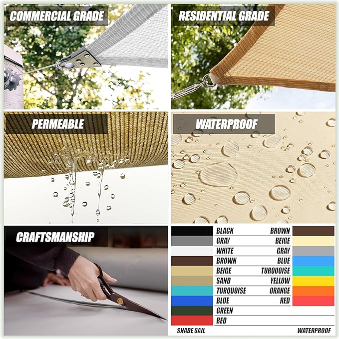 ColourTree TAPR1616 Custom Size 16' x 18' Beige Sun Shade Sail Canopy UV Block UPF50 Rectangle - Commercial Standard Heavy Duty - 190 GSM - 3 Years Warranty