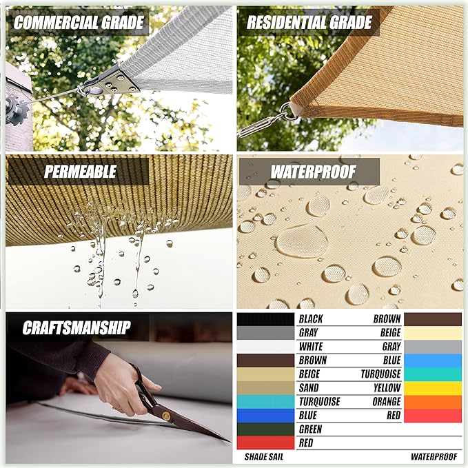ColourTree TAPR1616 Custom Size 17' x 23' Beige Sun Shade Sail Canopy UV Block UPF50 Rectangle - Commercial Standard Heavy Duty - 190 GSM - 3 Years Warranty