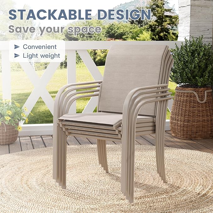 VICLLAX Large Patio Dining Furniture Set, Outdoor Dining Set for 10-60" Round Outdoor Table and Patio Stackable Chairs, Sandshell Color Tabletop and Fabric
