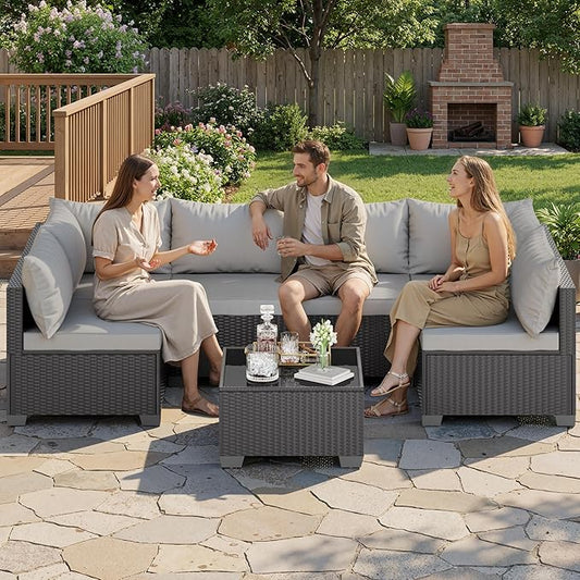 Skyfish 7 Pieces Patio Furniture Sofa - Outdoor Sectional Wicker Rattan Furniture with Cushion and Glass Table Patio Conversation Sets for Porch Poolside Backyard Outdoor Sofa Set Modular Sofa