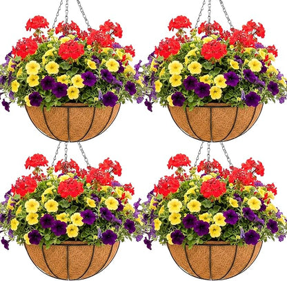 8 inch Metal Hanging Baskets For Plants Outdoor 4 Pack Round Metal Wire Hanging Basket Planter with Coco Fiber Liners Chain Round Wire Plant Holder for Garden, Patio, Deck, Porch Plants Flower Potss