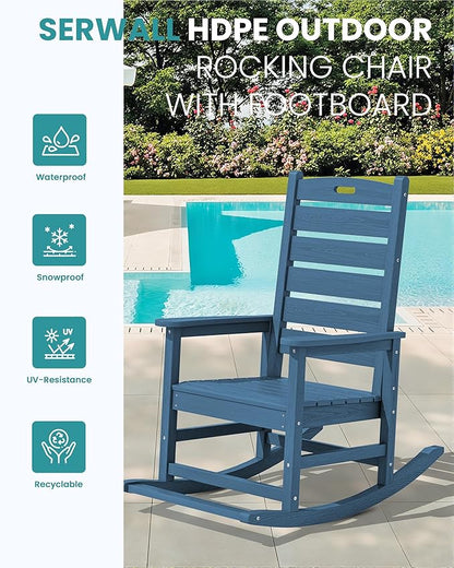 SERWALL Outdoor Rocking Chair Set of 4, Oversized HDPE Patio Rocking Chair with Footrest for Adults, All Weather Porch Rocker for Deck Patio Balcony, Navy