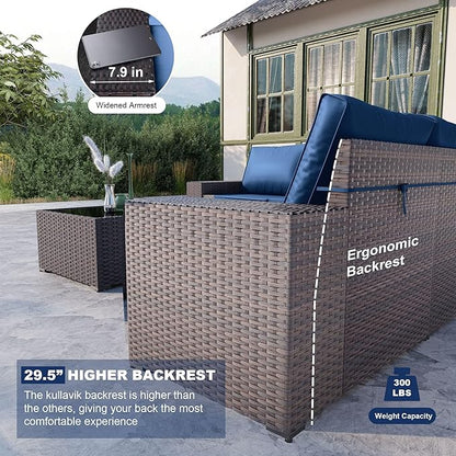 Kullavik 13PCS Outdoor Patio Furniture Set with 43" 55000BTU Gas Propane Fire Pit Table PE Wicker Rattan Sectional Sofa Patio Conversation Sets,Navy Blue