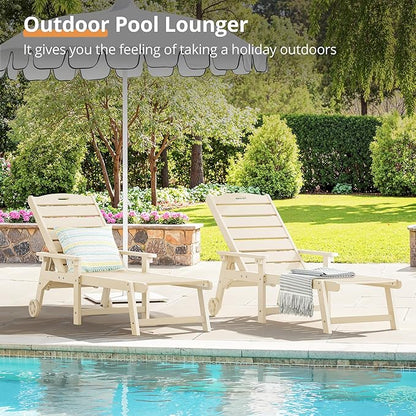 LUE BONA Outdoor Chaise Lounge, HDPS Chaise Lounger, 5 Positions Adjustable Lounge Chairs, Pool Lounge Chair with Wheels for Poolside, Backyard, Sand