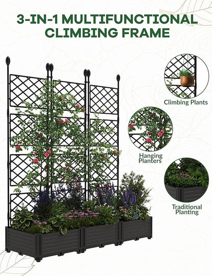 GAOMON 3 PCS Raised Garden Bed with Trellis - 50 in W x 63" Tall Plastic Planter Box for Climbing Plants, Outdoor Vertical Garden with Privacy Screen for Patio, Balcony, Backyard
