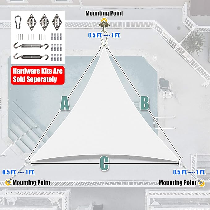 Amgo Custom Size 12' x 12' x 12' White Triangle Sun Shade Sail UPF50+ AGTAPRT12, Order to Make Canopy Awning, 95% UV Blockage, Water & Air Permeable, Commercial Standard (We Customize)