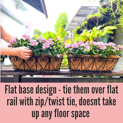 LaLaGreen Wall Planters - 2 Pack, 16 Inch Window Flower Boxes Outdoor, Deck Railing Hanging Metal Wire Basket Black with Coco Liners Horse Troughs Fence Balcony Garden Farmhouse Patio Porch Over Rail