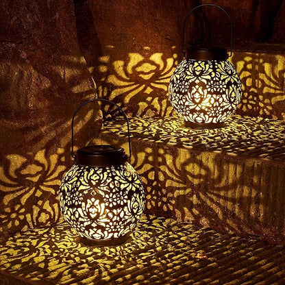 Set of 2 Solar Lantern Outdoor Hanging Decorative Lights for Garden Patio Porch Decorations. (Black)