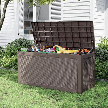Outdoor Storage Box, Resin Deck Boxes Indoor and outdoor, Waterproof Storage Box Lockable Lid (Grey, 101 Gallon)
