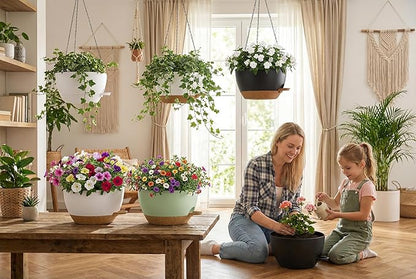 Hanging Planters, 3-Pack 10 Inch Self-Watering Pots with Drainage Holes and Chains, Matte Plastic Planters for Indoor/Outdoor Plant（White Brown）