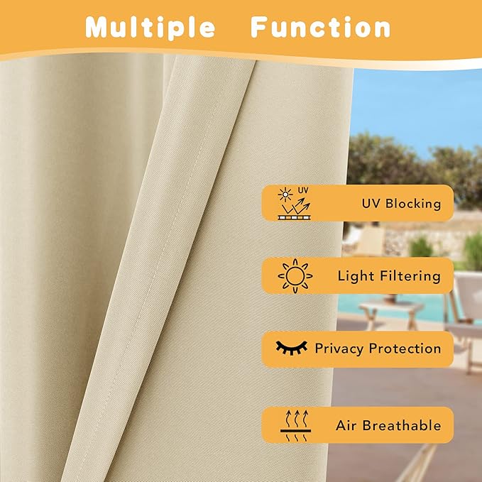 HolidayIdeas Outdoor Curtains for Patio Waterproof, 2 Panels - 84 x 108 Inch - Privacy Protection & Light Filtering Curtains Grommet Outside Curtains for Porch, Gazebo, Pergola, Backyard (Cream)
