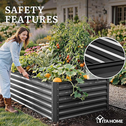 YITAHOME 96x48x24 in Galvanized Raised Garden Bed Kit, Large Metal Planter Box with Gloves, Safety Rubber & Support Rod, Outdoor Flower Bed for Plants Vegetables, Black