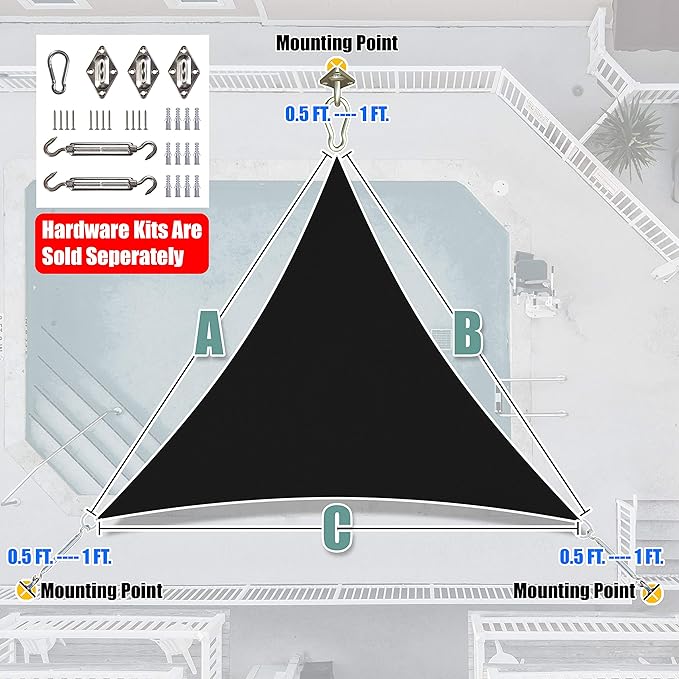 Amgo Custom Size 27' x 27' x 27' Black Triangle Sun Shade Sail UPF50+ AGTAPRT12, Order to Make Canopy Awning, 95% UV Blockage, Water & Air Permeable, Commercial Standard (We Customize)
