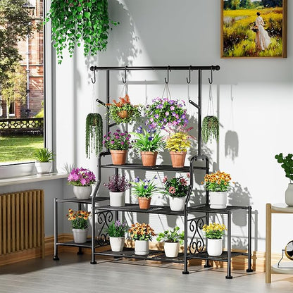 GIOTORENT 3-Tier Tall Metal Plant Stand Indoor Outdoor - Heavy Duty Plant Shelf for Garden, Patio, Balcony with 5 Hanging Hooks, Holds 16-25 Plants, Black