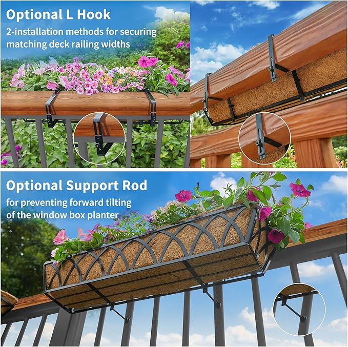 Y&M 30 Inch Window Deck with Coco Liner, Fence Metal Hanging Flower Planter Basket Deck Railing Planter Boxes for Outdoor Garden Lawn, 24" Window Boxes Horse Trough with Coconut Coir Liner,2pcs