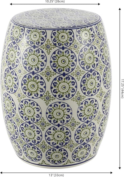 JONATHAN Y TBL1025A Lula 17.25" Suzani Ceramic Indoor/Outdoor Garden Stool, Blue/Green, Classic, Coastal, Bohemian, Traditional, Mediterranean, Cottage for Living Room, Garden, Outdoor, Home