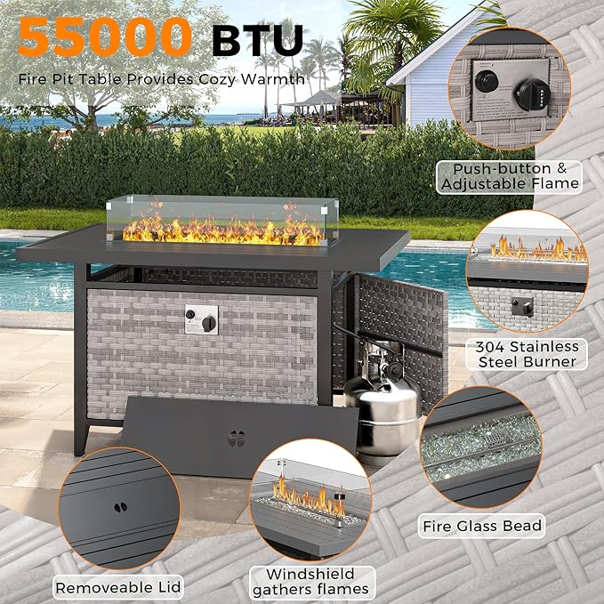 6-Seat Modern Outdoor Wicker Rattan Patio Furniture Set with 55,000 BTU Fire Pit Table, Thick 4″ Cushions, All-Weather Dual-Strand Rattan, Rust-Resistant Steel Frame,Gray