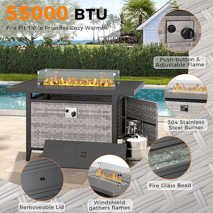 8-Seat Outdoor Wicker Patio Furniture Set with Fire Pit Table, Modular Rattan Sectional Sofa & 2 Swivel Rocking Chairs, 4" Thick Cushions, Rust-Resistant Frame,Blue