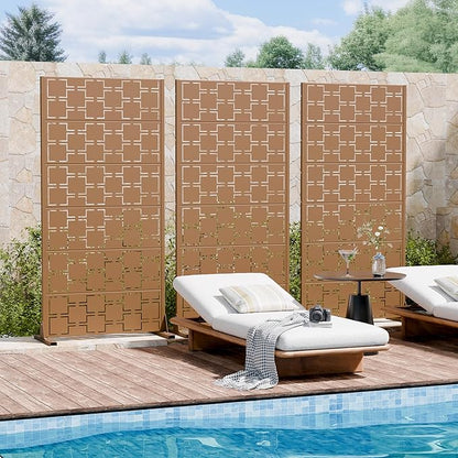 Casaphoria Metal Privacy Screen Outdoor, 72" H x 35" W Freestanding Decorative Privacy Screen for Patio Deck Balcony Garden with Stable Base, Brown-Square