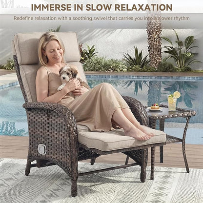 Zero Gravity Wicker Patio Recliner Chairs Set of 2 - Wicker Outdoor Lounge Chair with Adjustable Backrest & Footrest, All Weather Outdoor Reclining Chairs with Thick Cushion for Pool Deck Beige