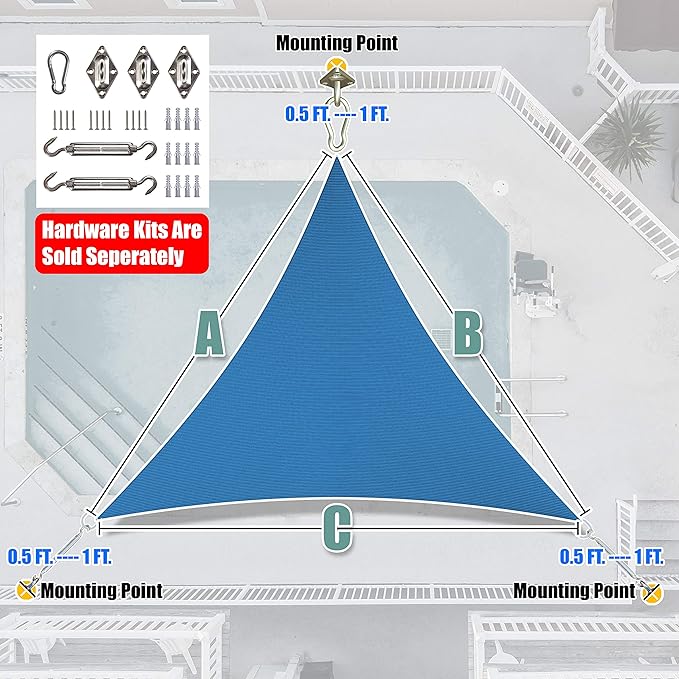 Amgo Custom Size 6' x 6' x 6' Blue Triangle Sun Shade Sail Order to Make Canopy Awning UPF50+ AGSLT, 95% UV Blockage, Water & Air Permeable, 200GSM Commercial Standard (We Customize)